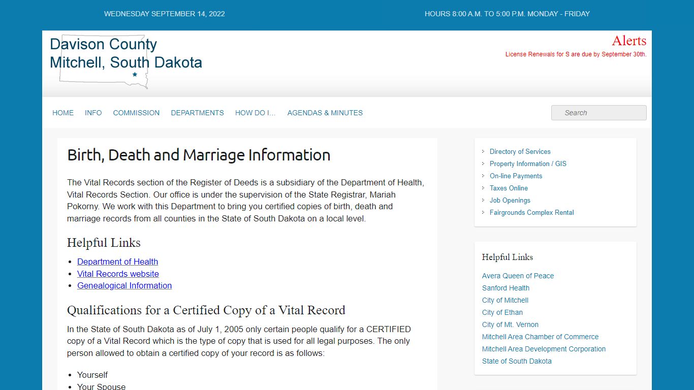 Birth, Death and Marriage Information - Davison County, South Dakota